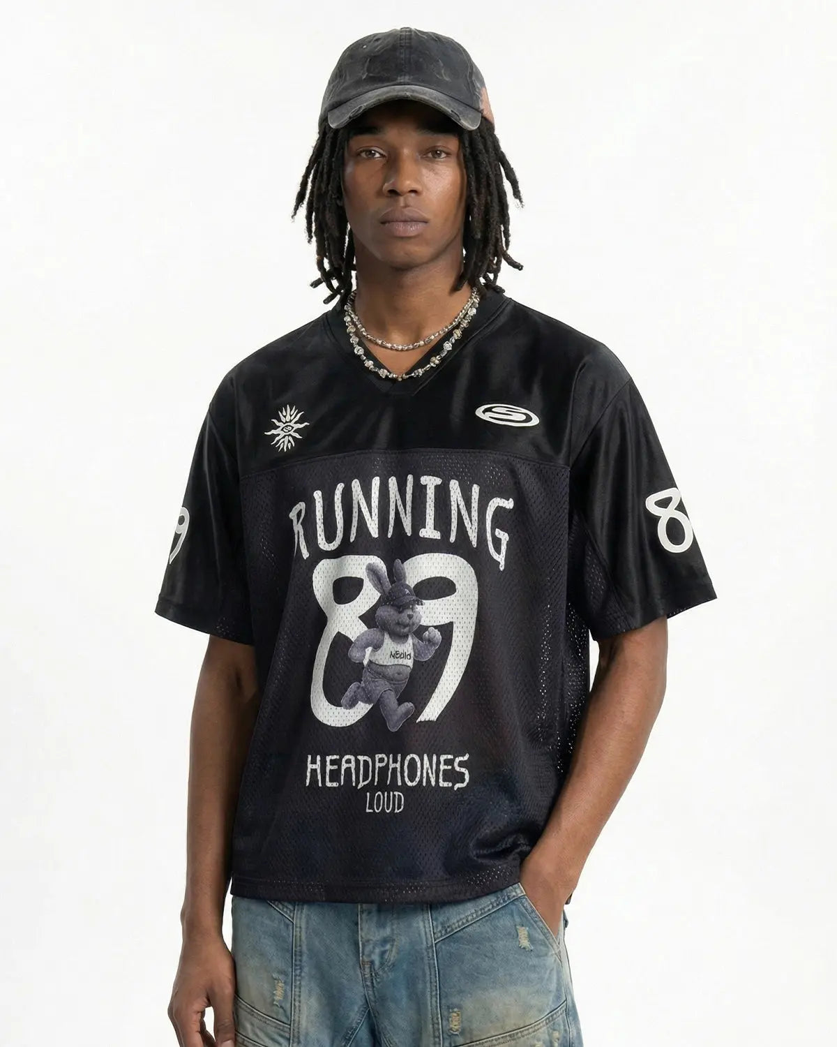 Inflation Streetwear V-Neck Mesh Patchwork Jersey Tee featuring a stylish mesh patchwork design and a casual fit.