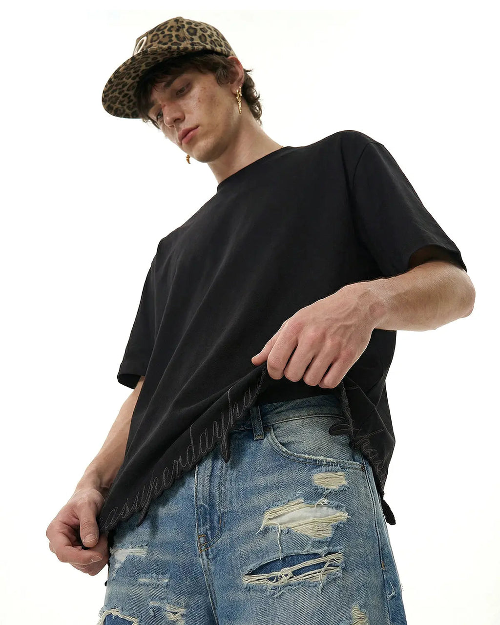 Inflation Streetwear embroidered frayed hem oversized T-shirt in soft fabric, featuring colorful embroidery and relaxed fit.