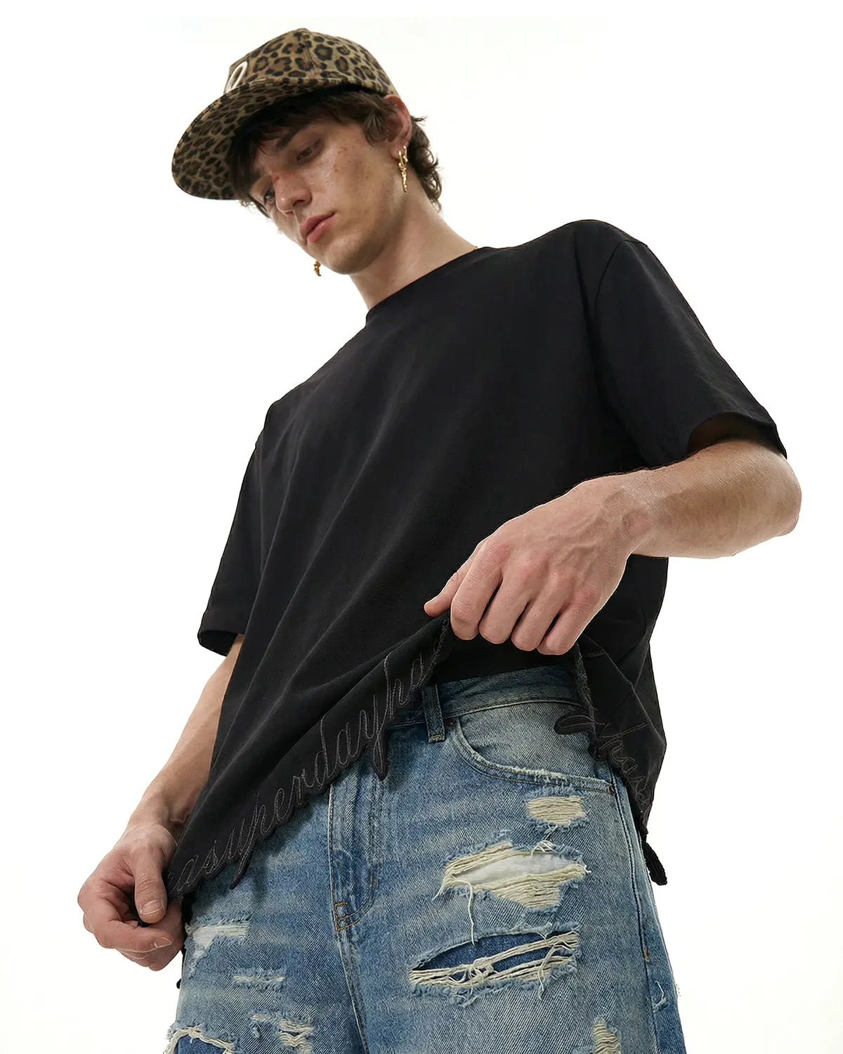 Inflation Streetwear embroidered frayed hem oversized T-shirt in soft fabric, featuring colorful embroidery and relaxed fit.