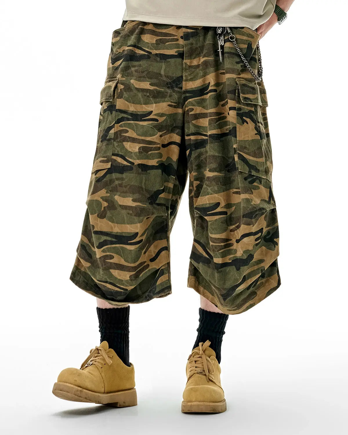 Inflation Camo Cargo Baggy Shorts featuring camouflage pattern, multiple pockets, and relaxed fit for streetwear style.