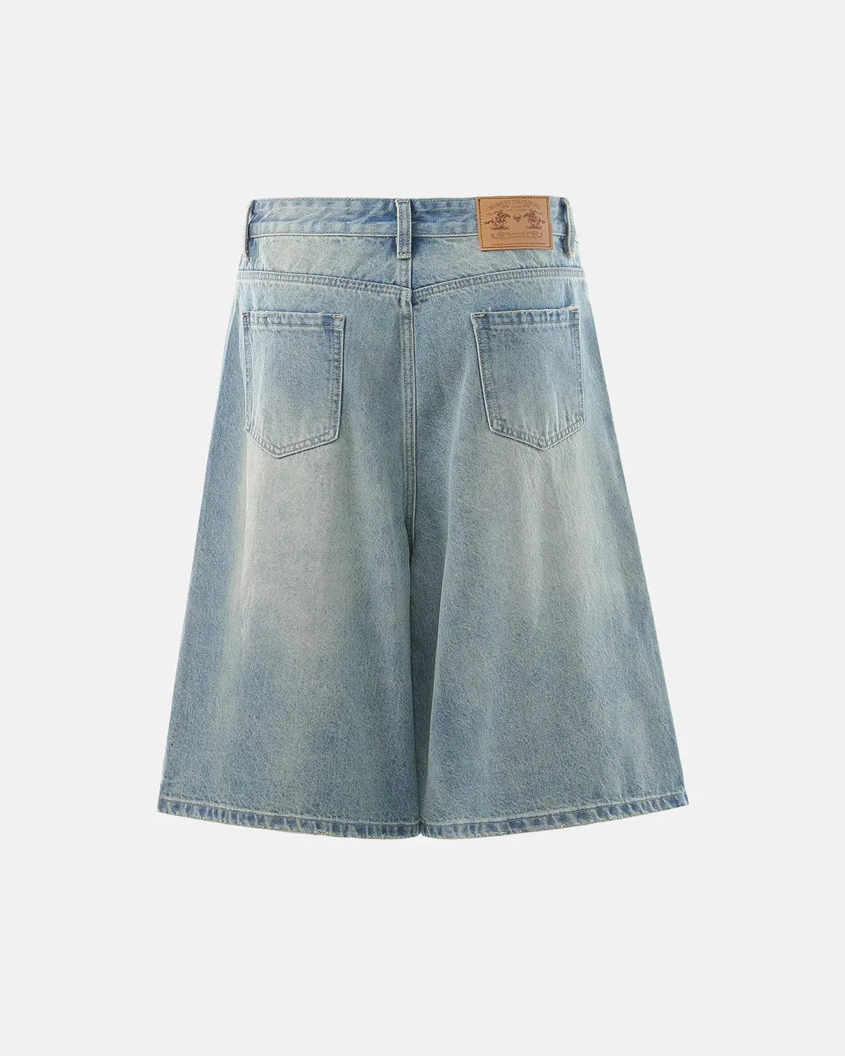 Inflation Streetwear Dollar Patch Embroidery denim jorts with distressed details and casual fit, perfect for streetwear fashion.
