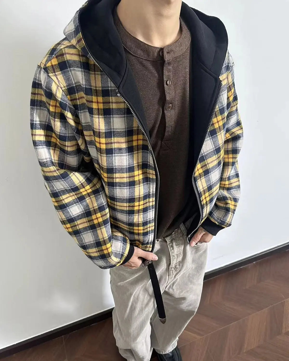 Yellow plaid reversible zip-up hoodie by INFLATION Streetwear, showing the front view with the hoodie and plaid pattern.