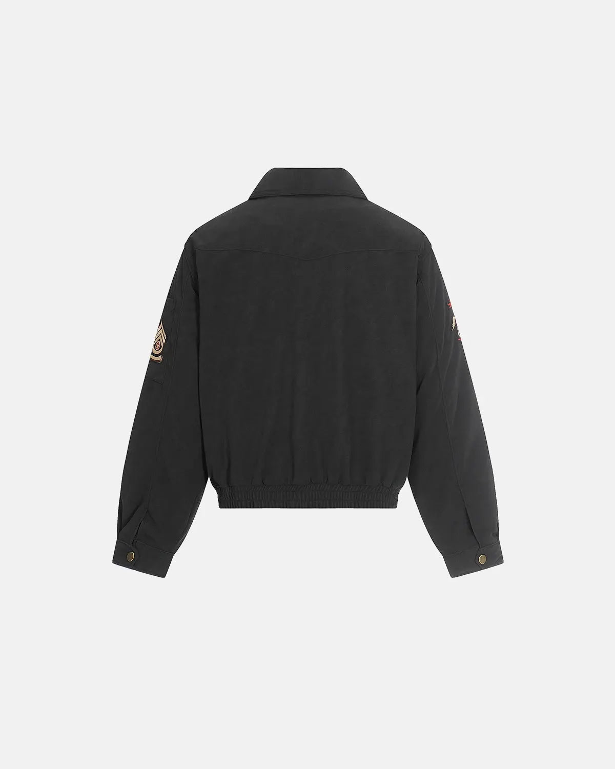 Inflation Horse Embroidery suede padded jacket with clasp closure, stylish streetwear design, featuring embroidered horse detail and padded texture.