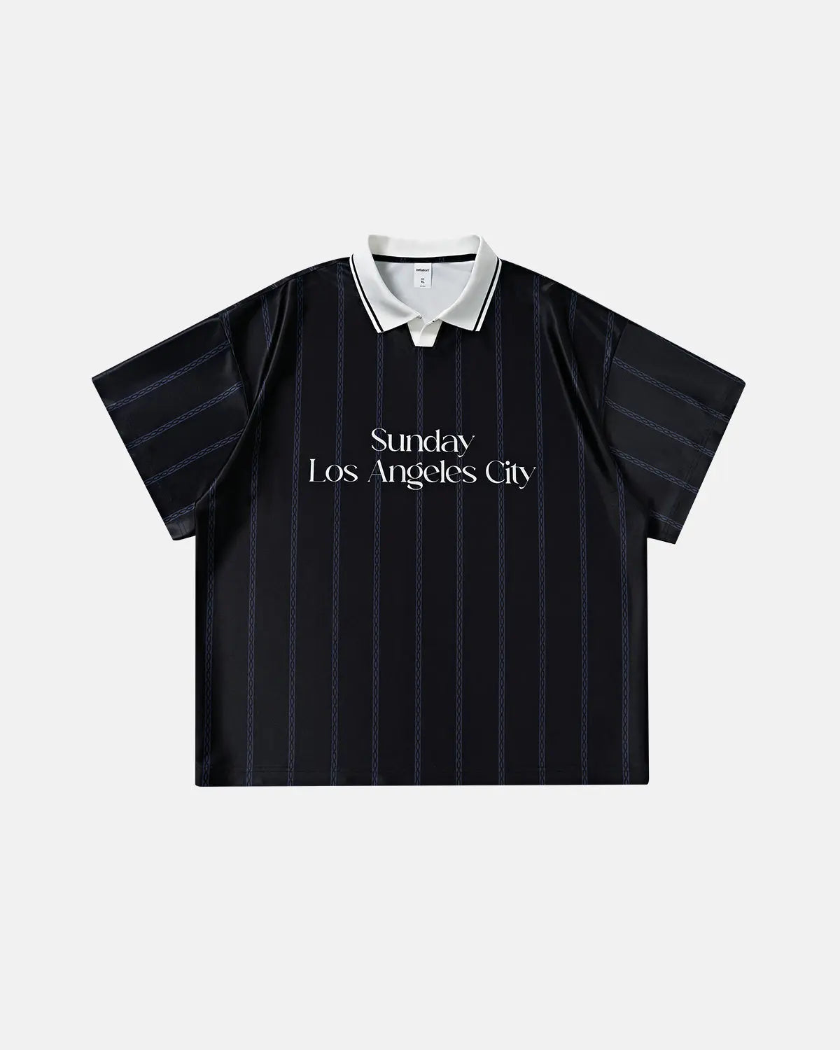 Vintage striped polo jersey by INFLATION featuring classic design and multicolor vertical stripes on soft fabric.