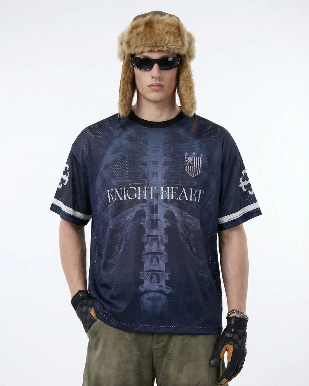 Inflation Skeleton Graphic Mesh Jersey featuring an X-ray skeleton design, stylish streetwear shirt with breathable mesh fabric.