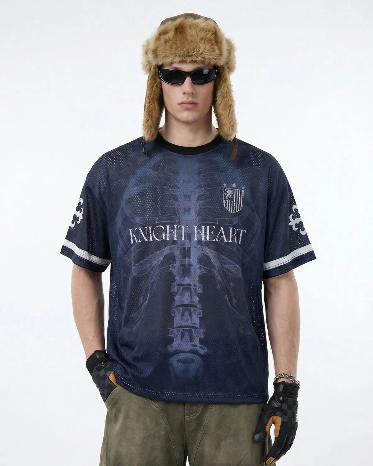 Inflation Skeleton Graphic Mesh Jersey featuring an X-ray skeleton design, stylish streetwear shirt with breathable mesh fabric.