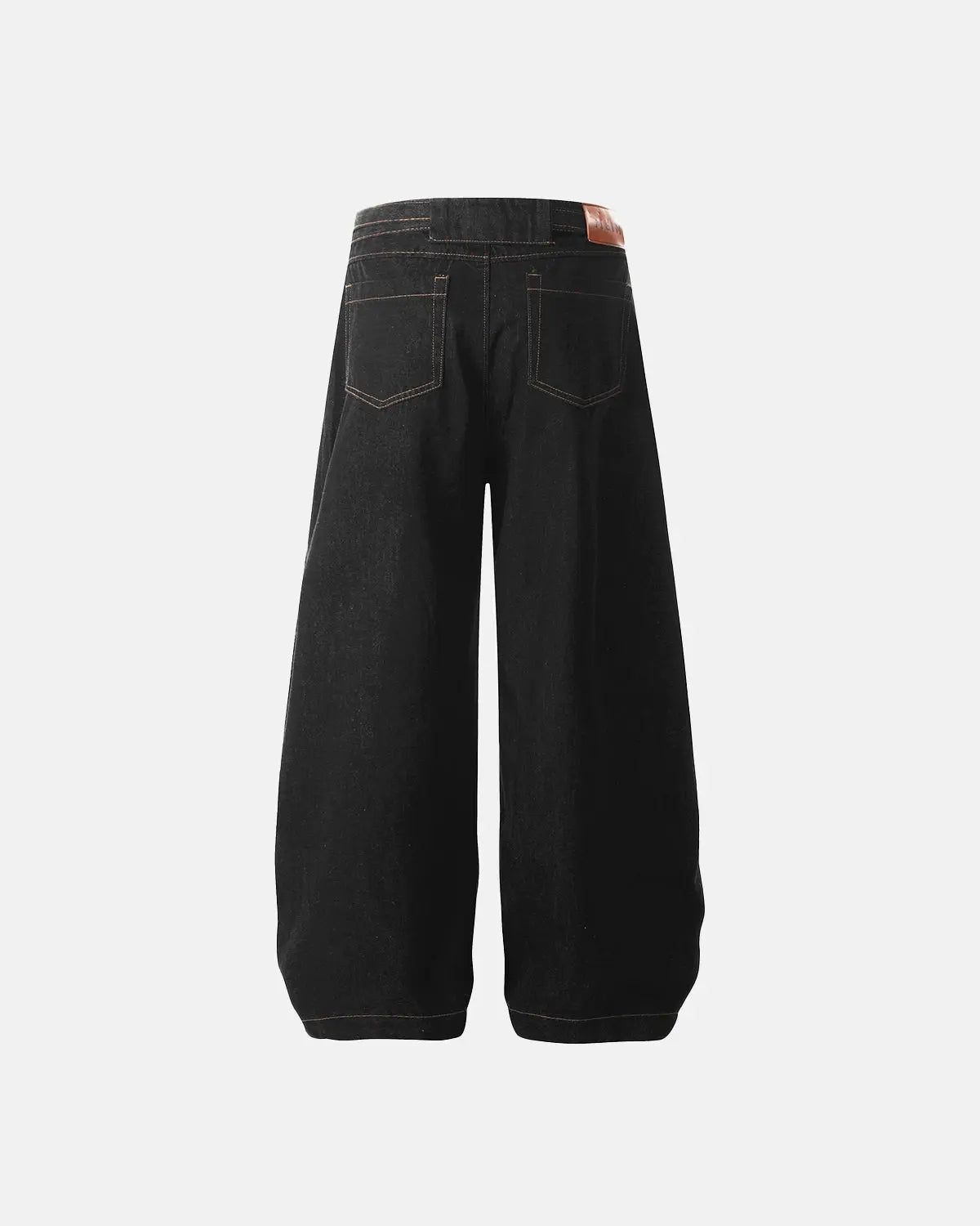 Inflation Contrast Stitch Raw Baggy Jeans with distressed details and loose fit, featuring prominent contrast stitching and raw hem.
