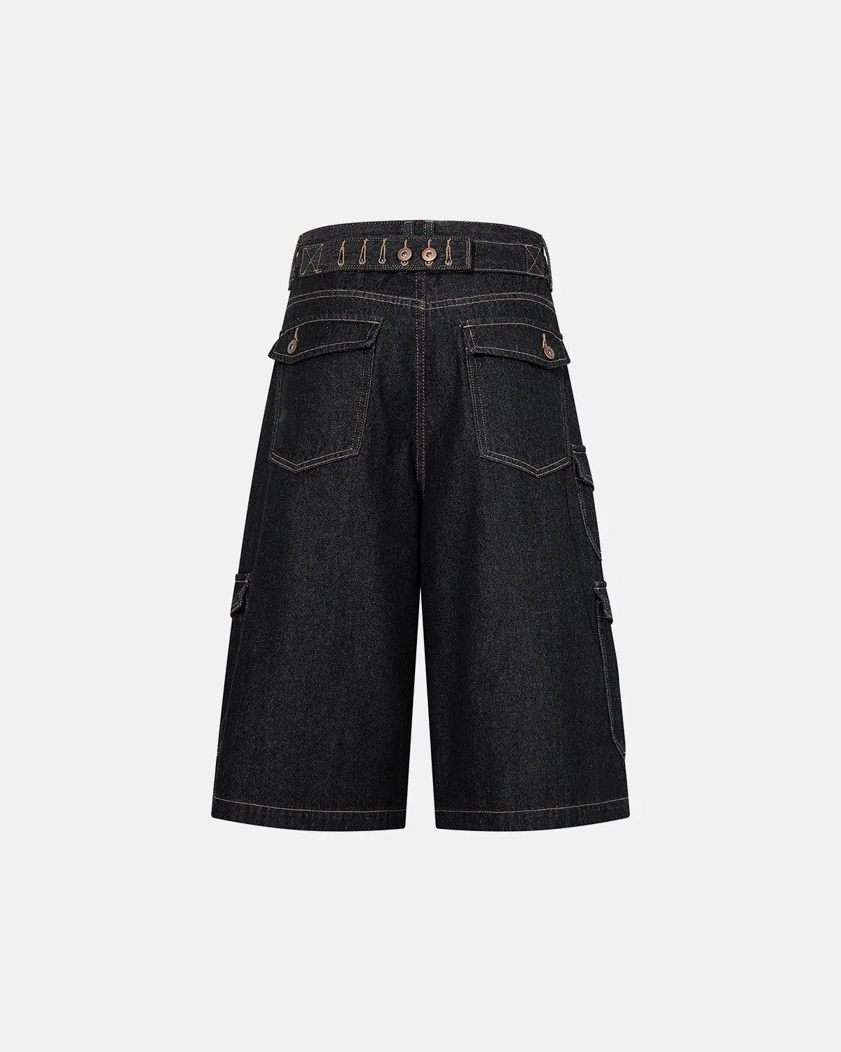 Raw denim longline cargo jorts from INFLATION Streetwear with multiple pockets and distressed details, styled as casual streetwear.