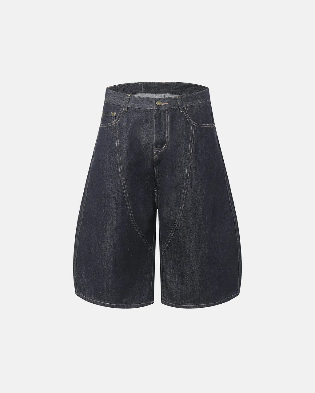 Deconstructed denim longline jorts by INFLATION, stylish pants featuring a distressed, oversized design with raw hem details.