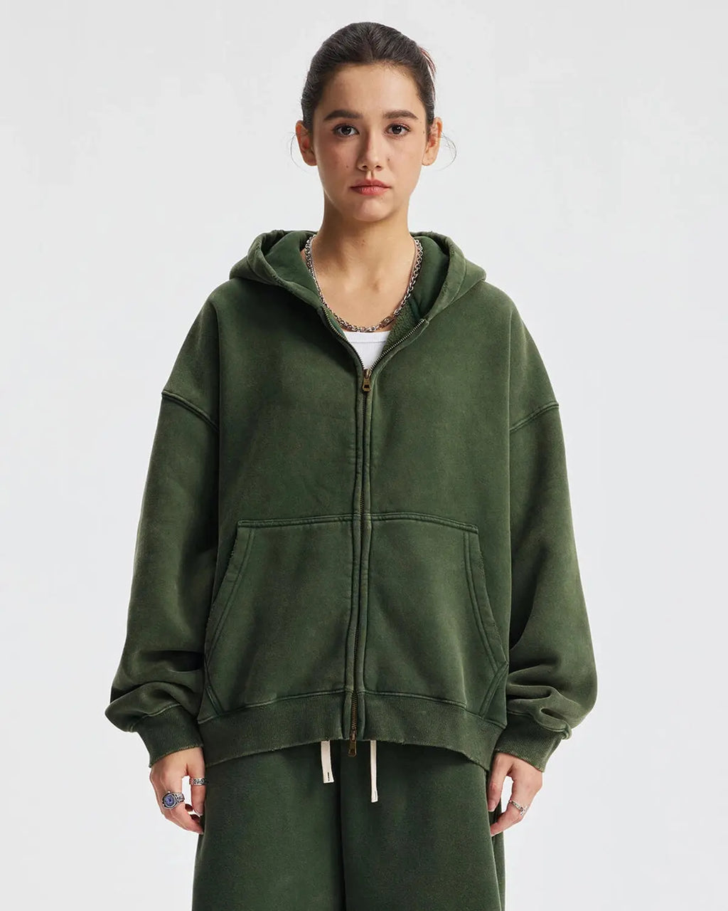 Inflation Streetwear boxy fit acid washed fleece zip-up hoodie featuring a relaxed fit and stylish wash finish.