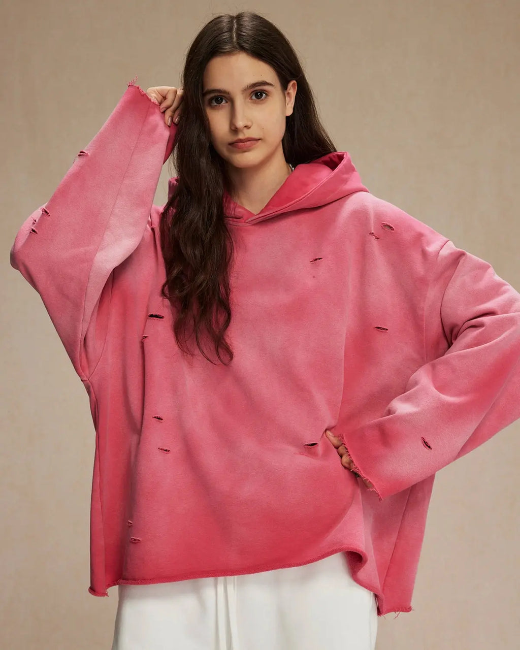 Inflation Acid Wash Ripped Boxy Hoodie featuring distressed details and a relaxed fit, stylish streetwear casual top.