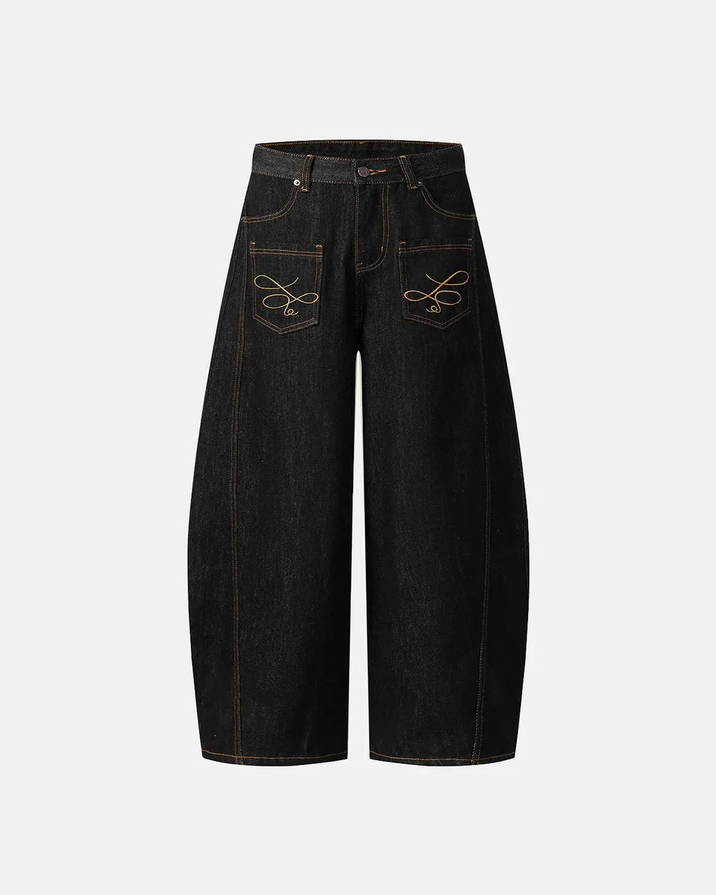 INFLATION Pocket Embroidery Raw Barrel Jeans showing distressed denim, front pockets, and raw hem detail in a streetwear style