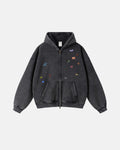 Distressed zip-up hoodie with funny stickers design from INFLATION streetwear, featuring bold graphics and casual style.