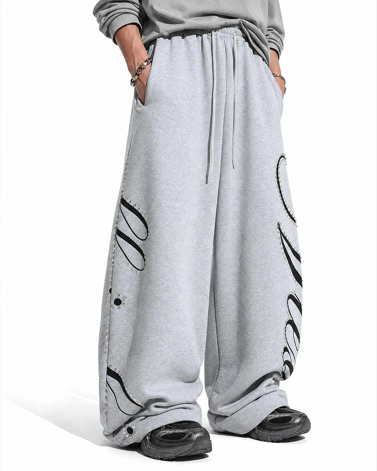 Inflation Rhinestone Script Baggy Sweatpants with embellished lettering and relaxed fit, stylish streetwear casual pants.