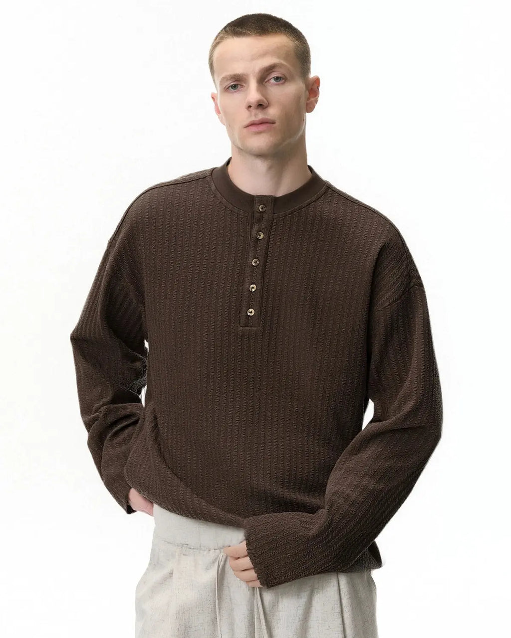 Inflation Old Money Style Henley long sleeve T-shirt in neutral color, featuring a buttoned collar and casual fit.