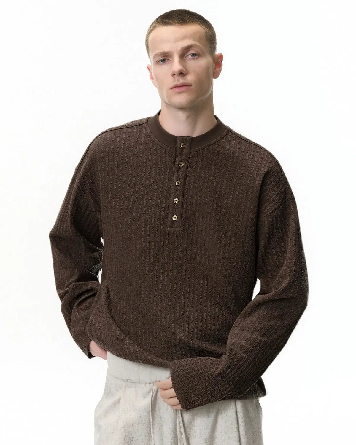 Inflation Old Money Style Henley long sleeve T-shirt in neutral color, featuring a buttoned collar and casual fit.