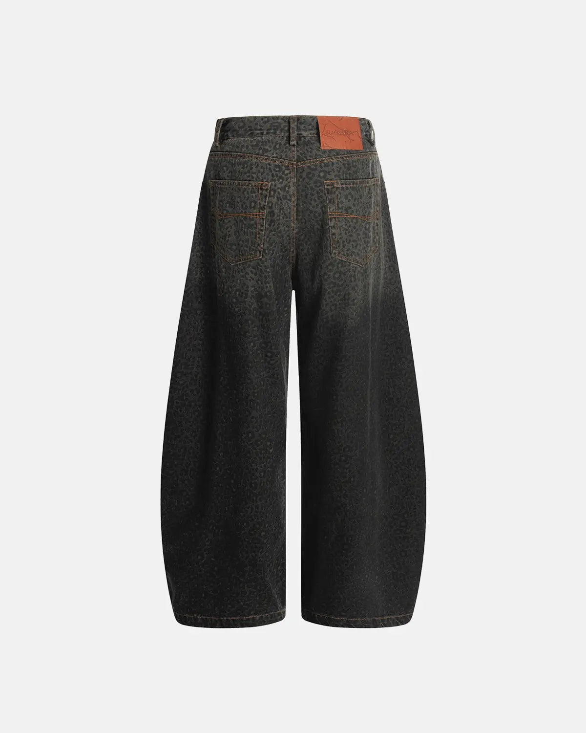 Vintage leopard print barrel jeans by INFLATION featuring bold animal print and relaxed fit, stylish streetwear pants.