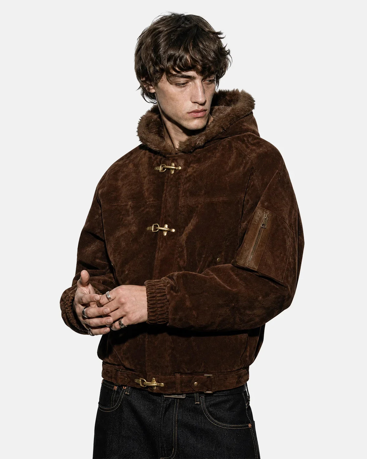 Inflation Streetwear faux fur lined clasp bomber jacket with front zipper and ribbed cuffs, stylish and warm for casual wear