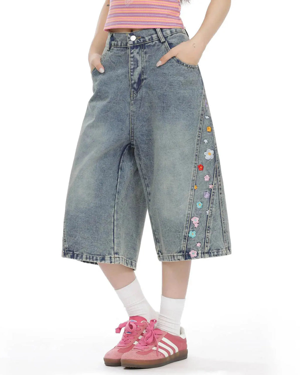 Inflation Floral Embroidered Long Baggy Jorts, stylish pants with colorful embroidery and relaxed fit, perfect for streetwear fashion.