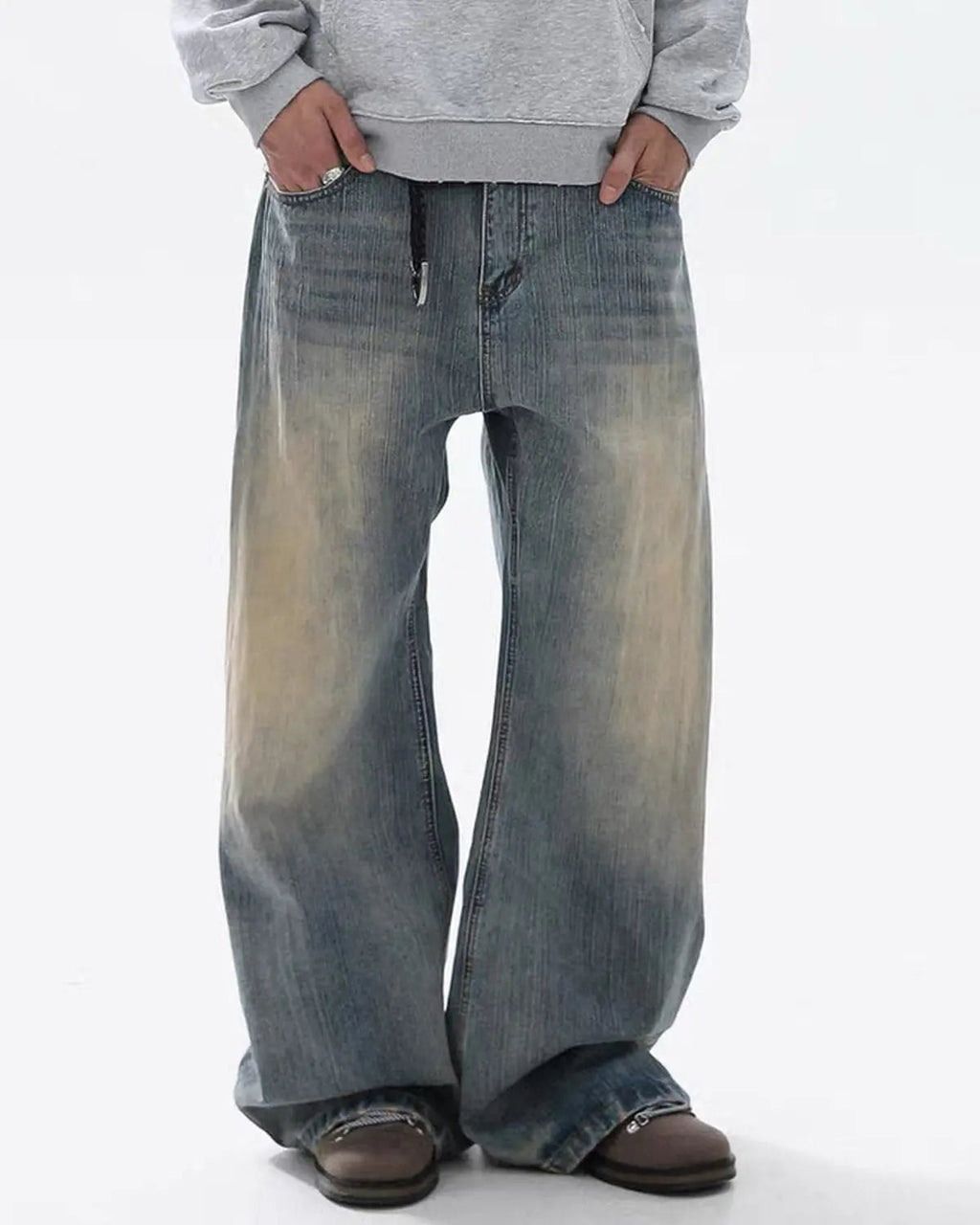 Washed bamboo weave baggy bootcut jeans by INFLATION featuring relaxed fit and casual streetwear style.