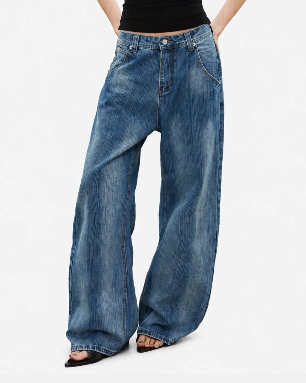 Inflation adjustable waist bamboo weave baggy jeans with relaxed fit, showcasing the textured bamboo fabric and casual streetwear style.