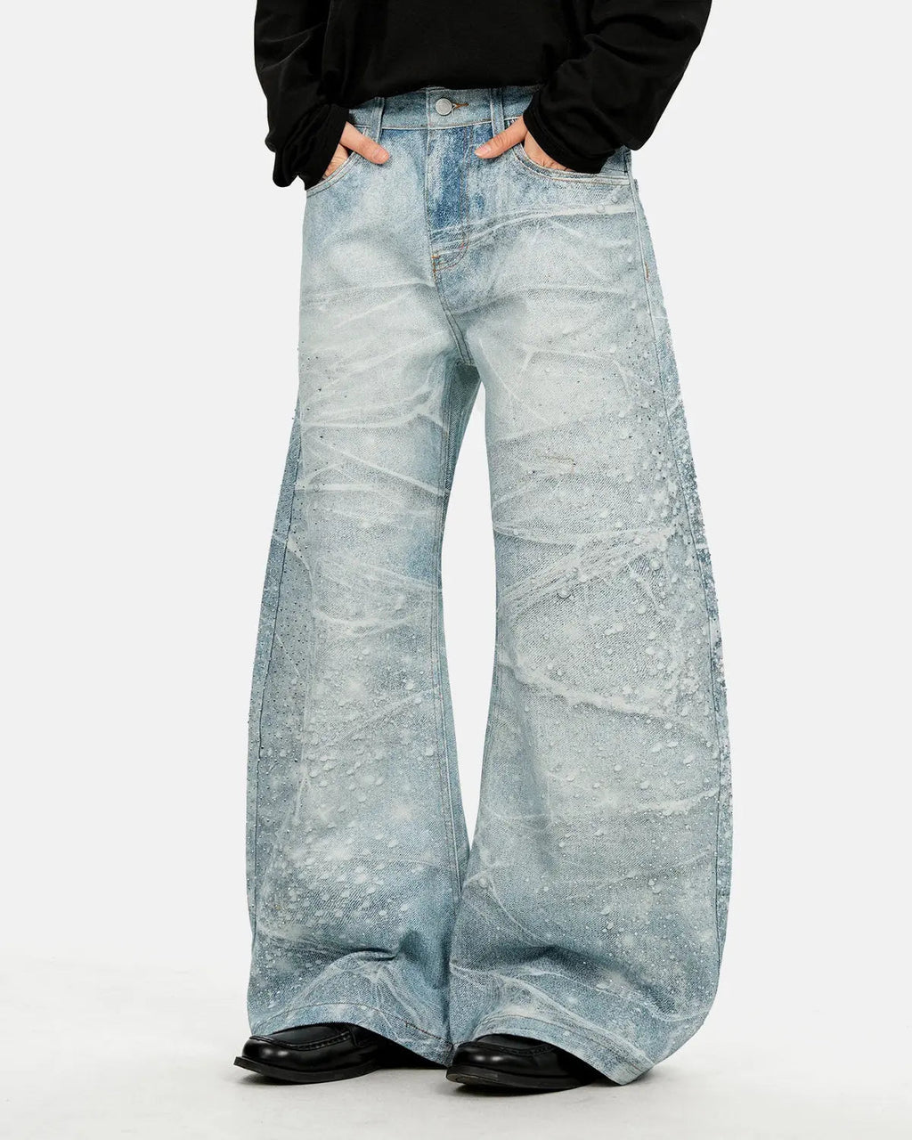 Inflation Rhinestone Lightning Baggy Barrel Jeans featuring rhinestone details and a relaxed streetwear fit.