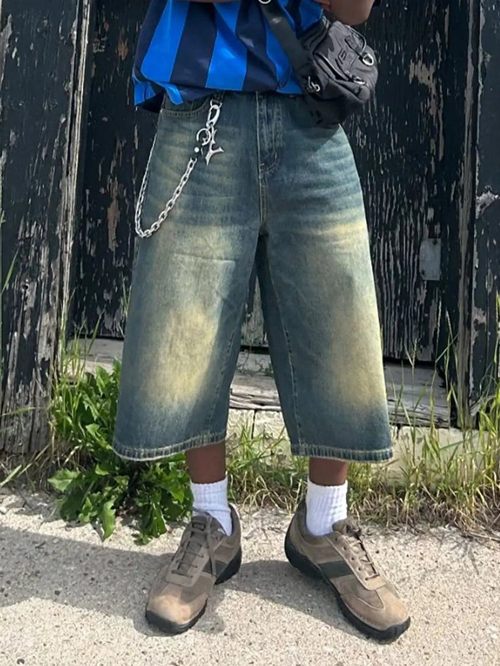 Baggy Jumbo Jorts by INFLATION Streetwear, showing oversized denim jorts with distressed details and relaxed fit.