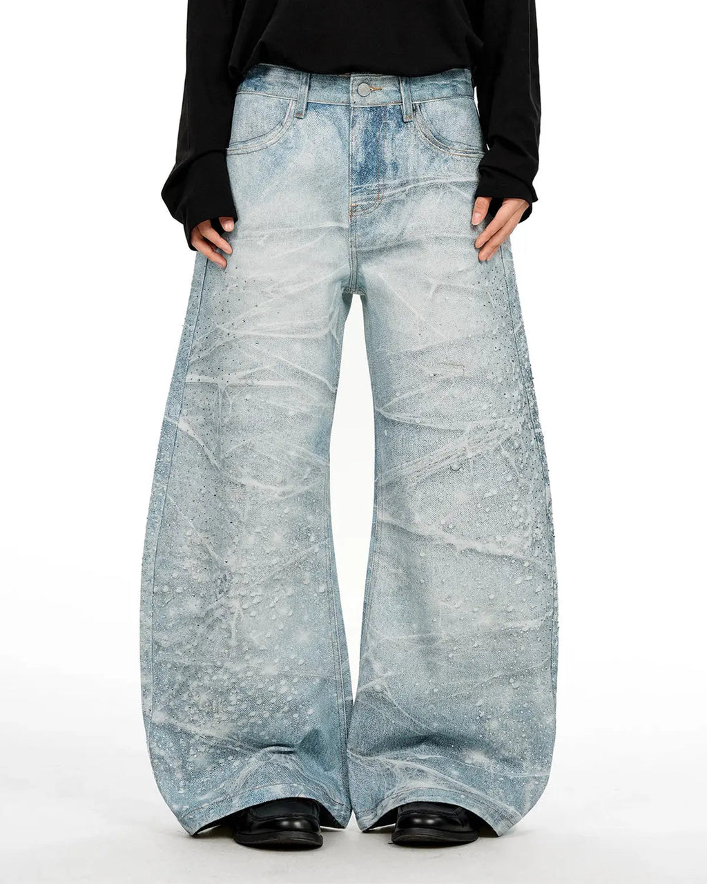 Rhinestone Lightning Baggy Barrel Jeans from Inflation Streetwear featuring rhinestone details and a loose, trendy fit.