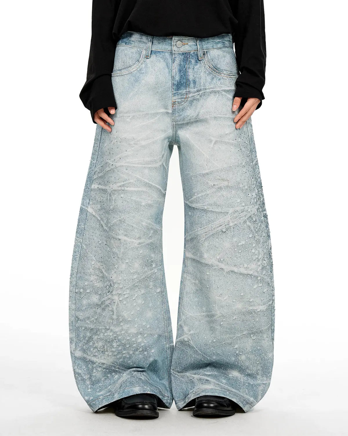 Rhinestone Lightning Baggy Barrel Jeans from Inflation Streetwear featuring rhinestone details and a loose, trendy fit.