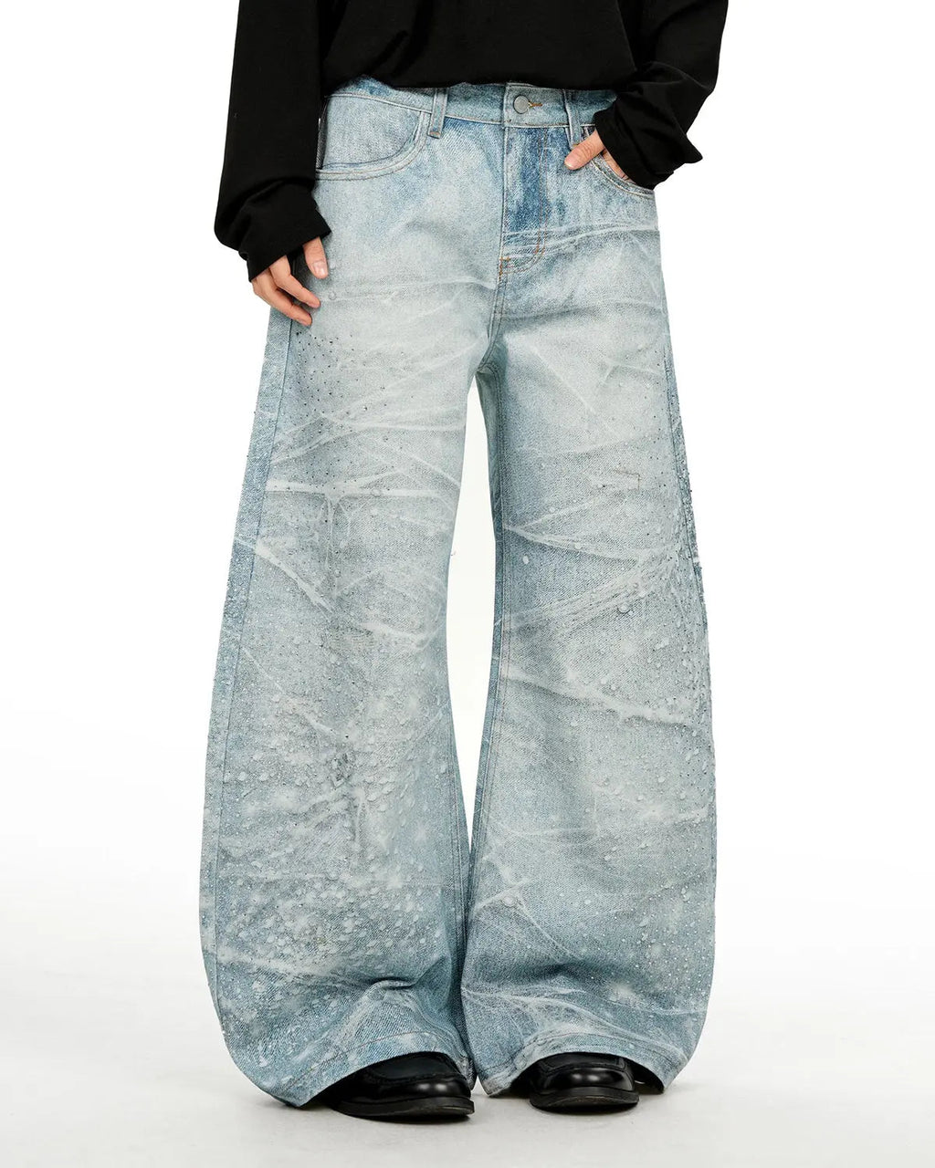 Inflation Rhinestone Lightning Baggy Barrel Jeans featuring rhinestone lightning details and a relaxed streetwear fit.