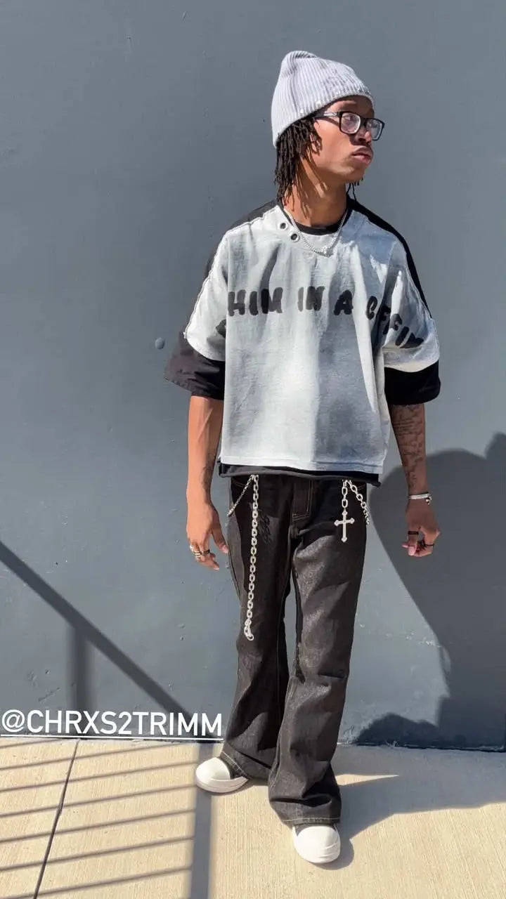 Super Raw Flared Baggy Jeans by INFLATION, streetwear style with a relaxed fit and distressed denim design.