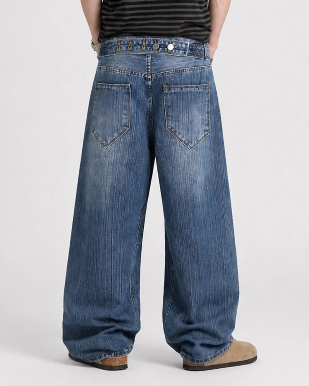 Adjustable waist bamboo weave baggy jeans from Inflation Streetwear with a relaxed fit and eco-friendly fabric.