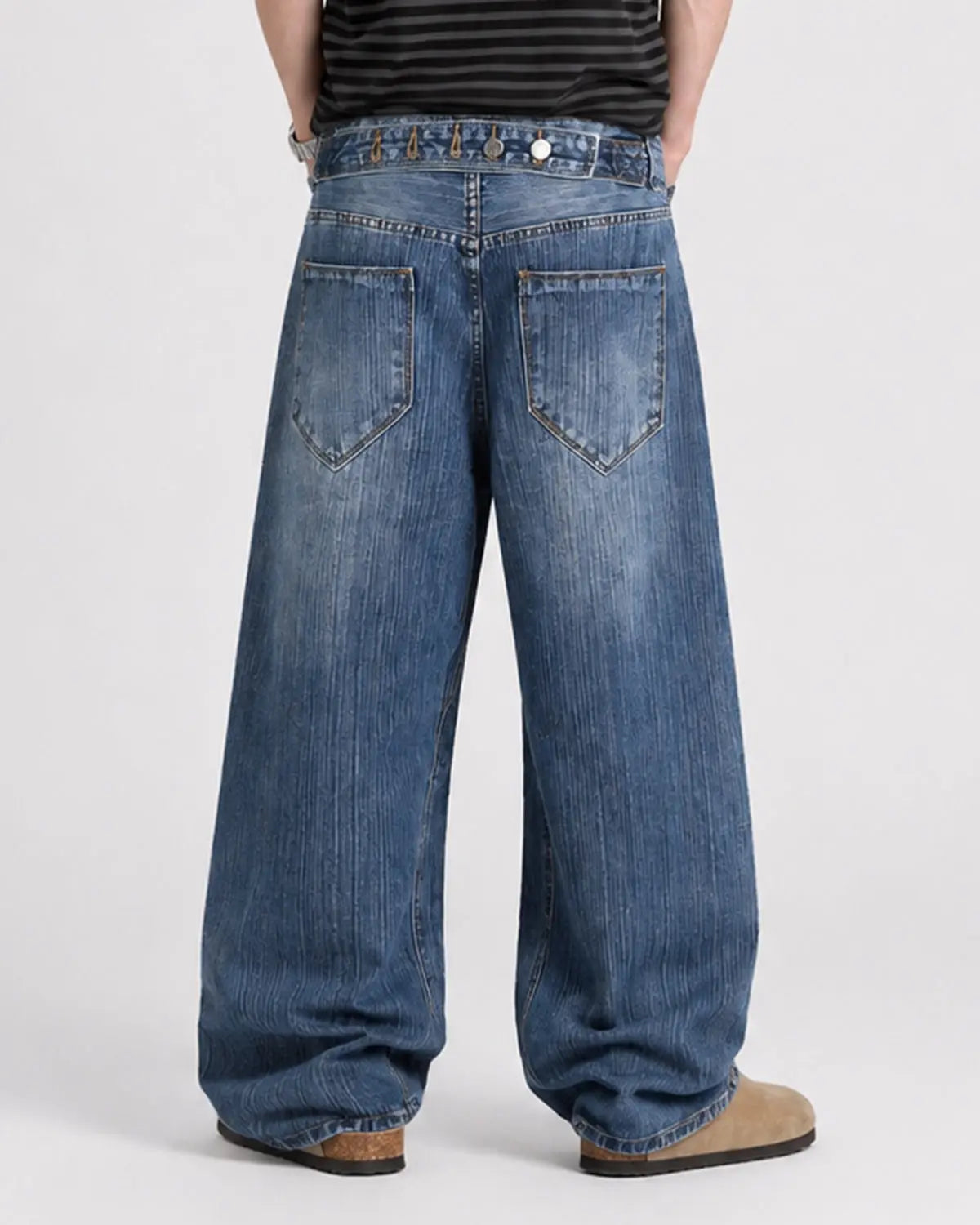 Adjustable waist bamboo weave baggy jeans from Inflation Streetwear with a relaxed fit and eco-friendly fabric.