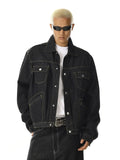 Black denim jacket with multiple pockets from Inflation Streetwear, featuring a stylish urban design and button closures.
