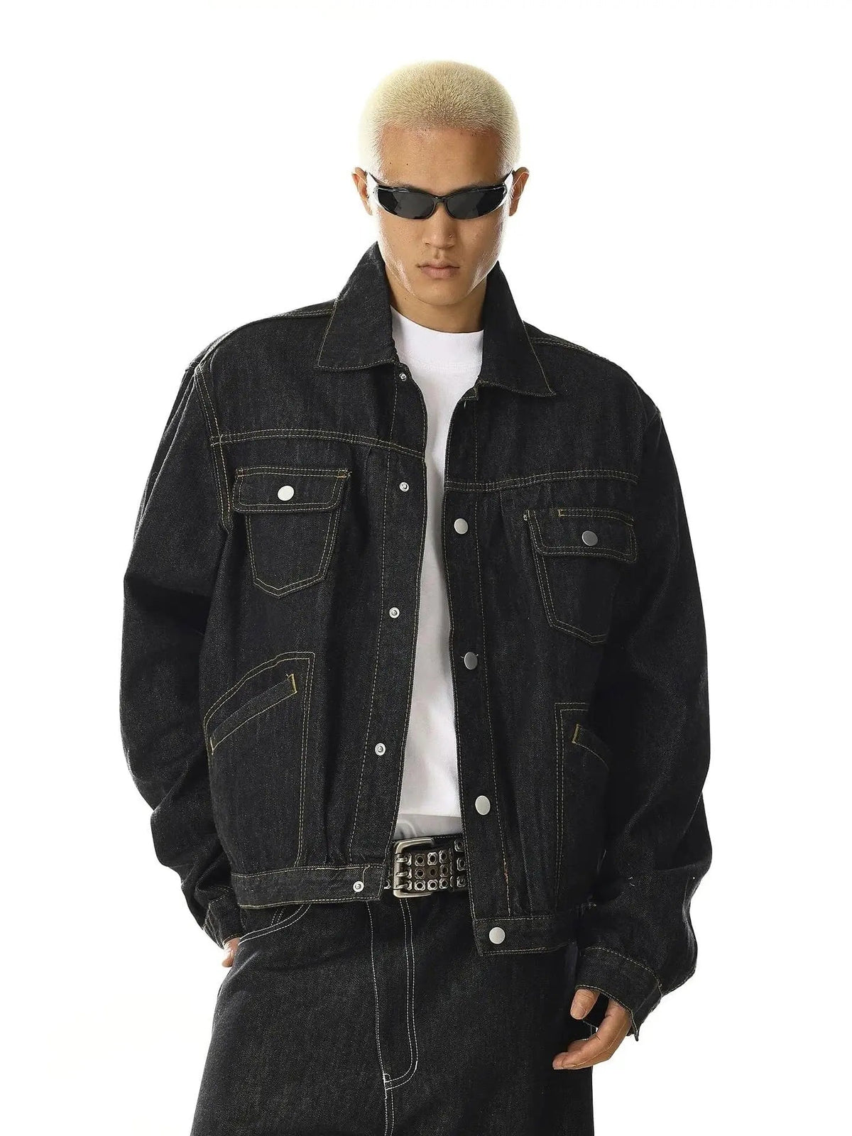 Black denim jacket with multiple pockets from Inflation Streetwear, featuring a stylish urban design and button closures.
