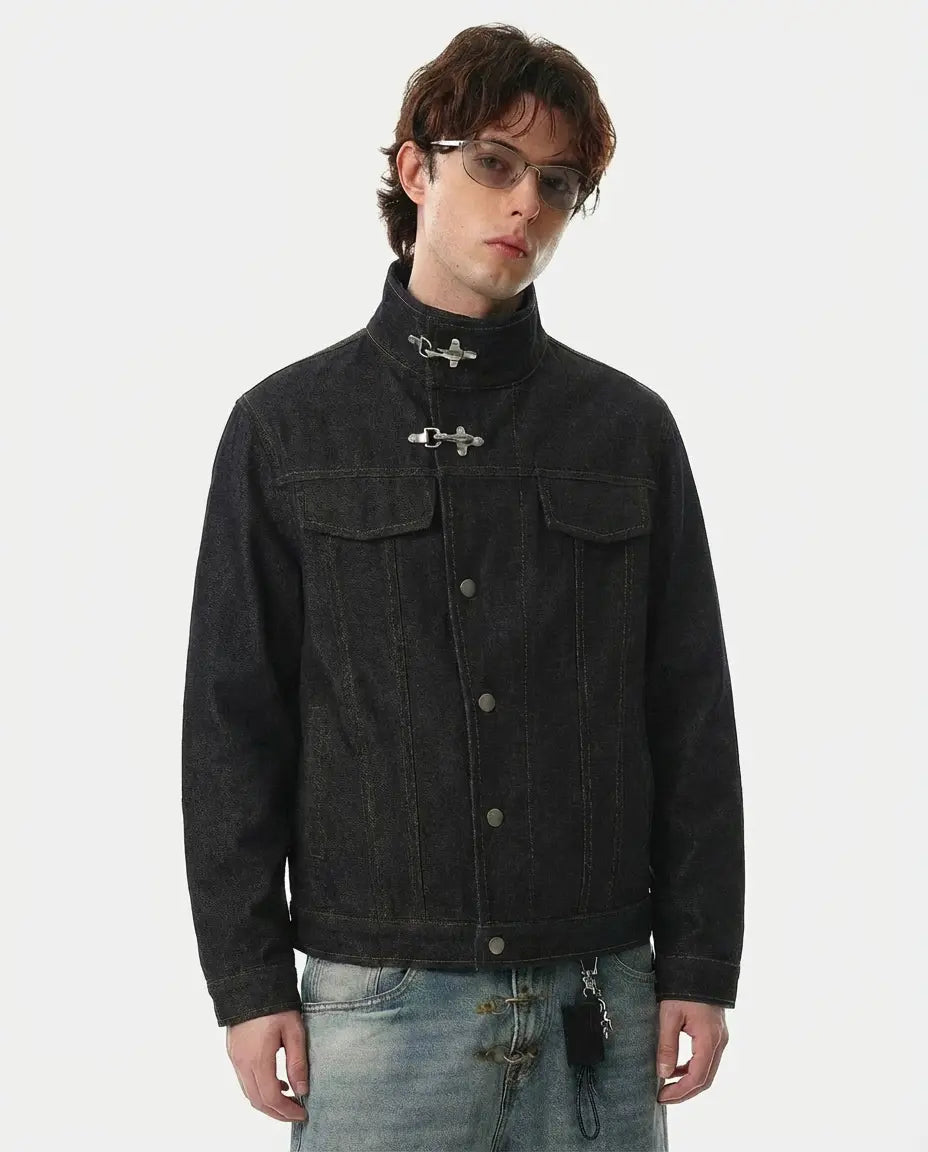 Inflation Streetwear metal toggle raw denim jacket with metal buttons and classic denim styling, displayed on a hanger.