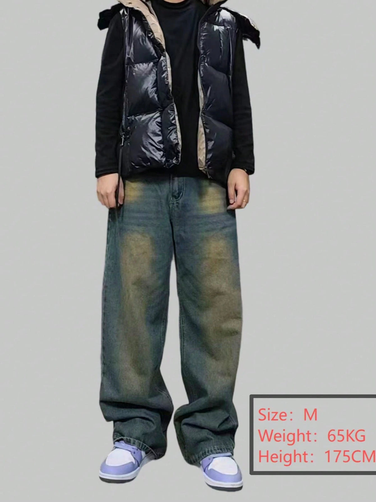 Inflation distressed vintage denim jeans with wide leg and loose fit, showcasing a relaxed, retro-inspired style.