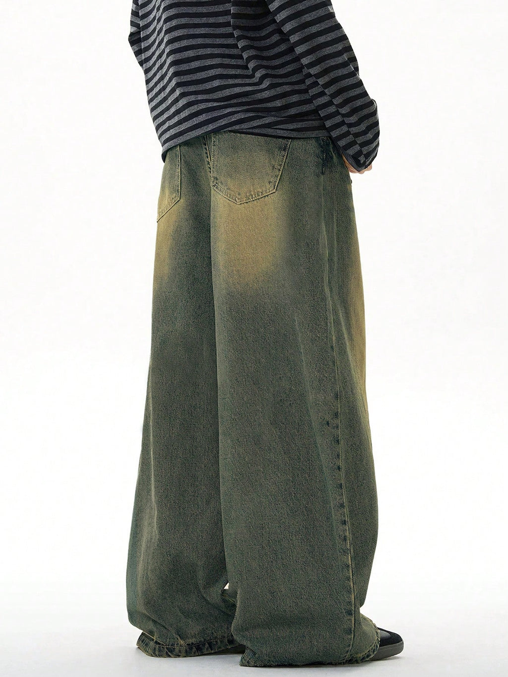 Inflation wide leg distressed vintage denim jeans with loose fit and classic blue wash, featuring ripped details and relaxed style.