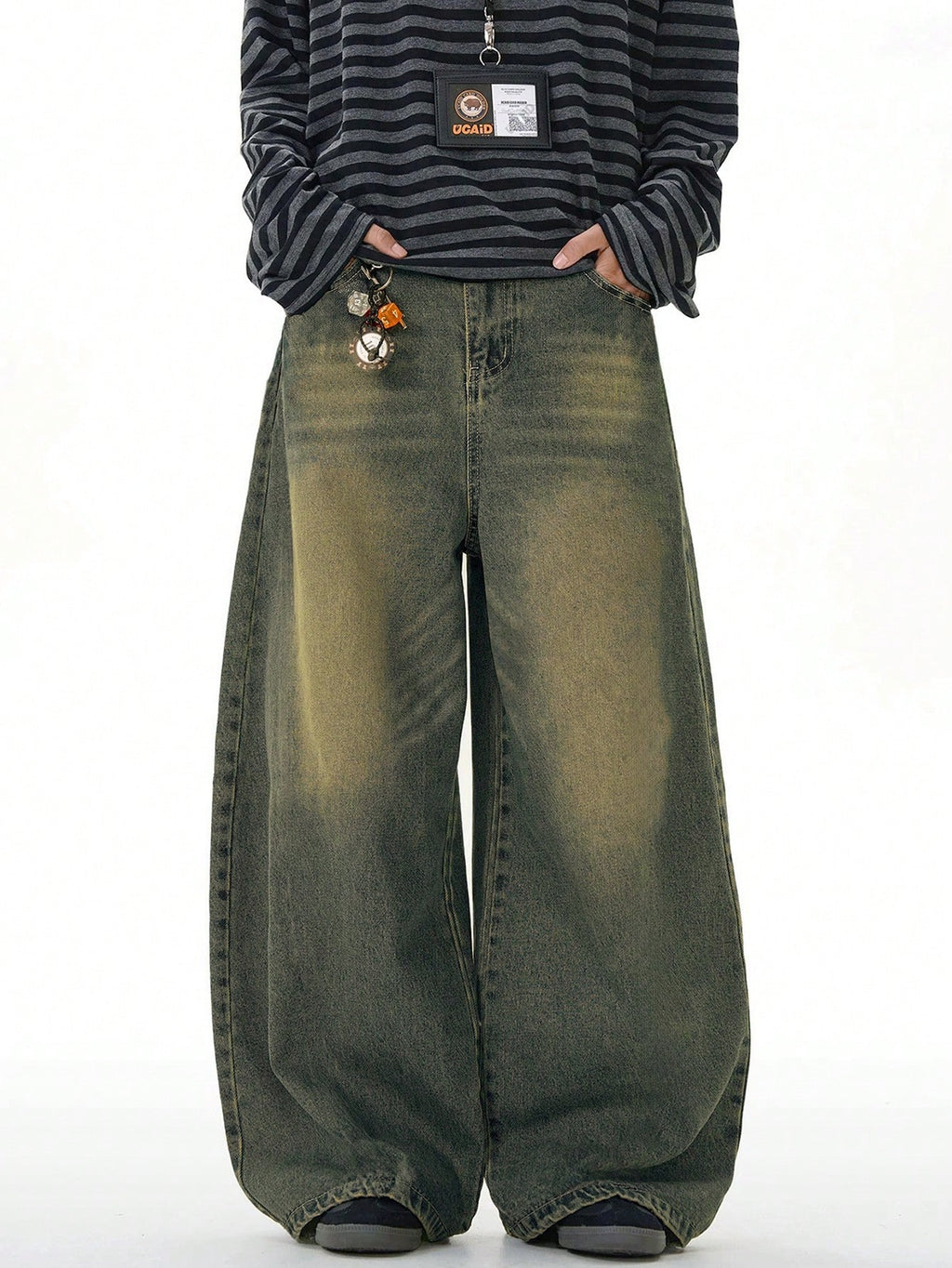 Inflation vintage distressed denim jeans with wide leg fit and loose style, showcasing a relaxed, trendy look.