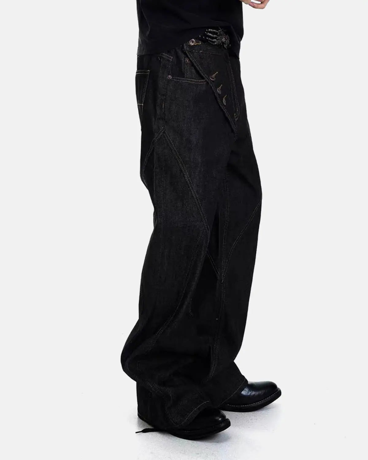 Inflation streetwear asymmetric buttons bootcut jeans, stylish pants with unique button details and classic fit.