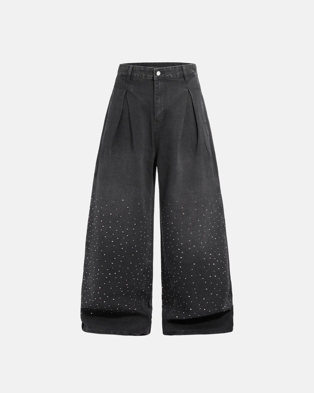 Acid washed rhinestone baggy jeans from INFLATION Streetwear showing distressed details and rhinestone embellishments on the pants.