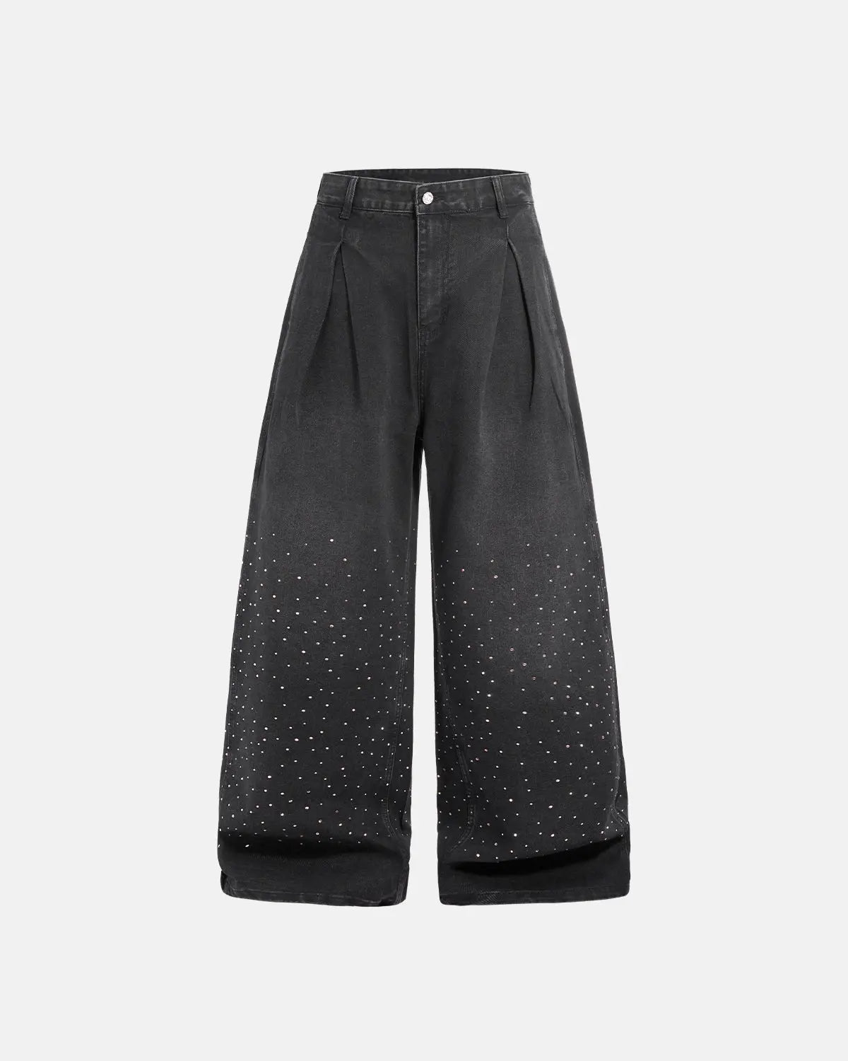 Acid washed rhinestone baggy jeans by INFLATION, streetwear pants with rhinestone embellishments and relaxed fit.
