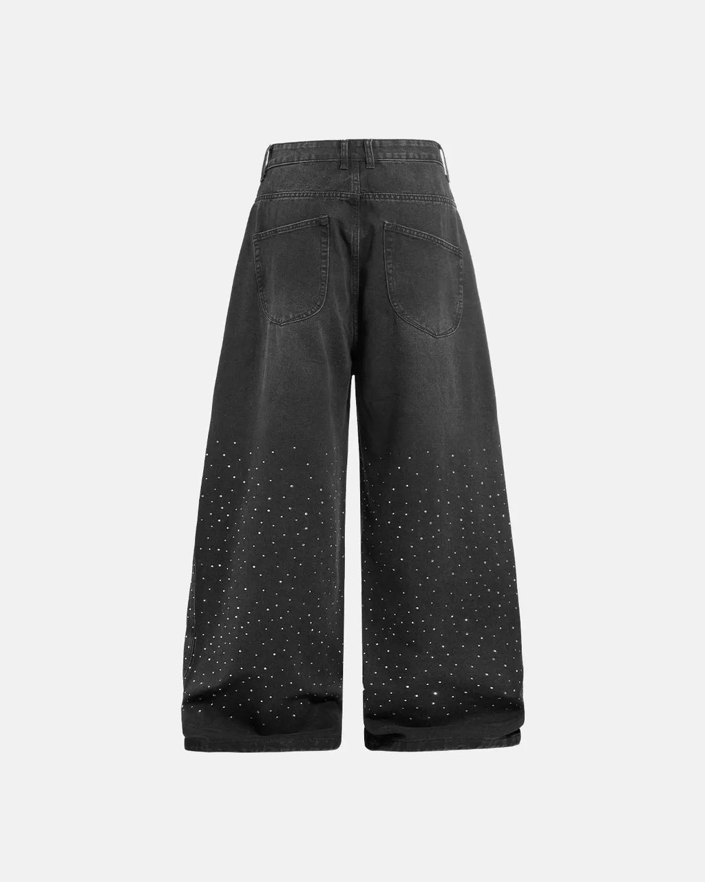 Acid washed rhinestone baggy jeans by INFLATION, featuring loose fit, rhinestone embellishments, and streetwear style.
