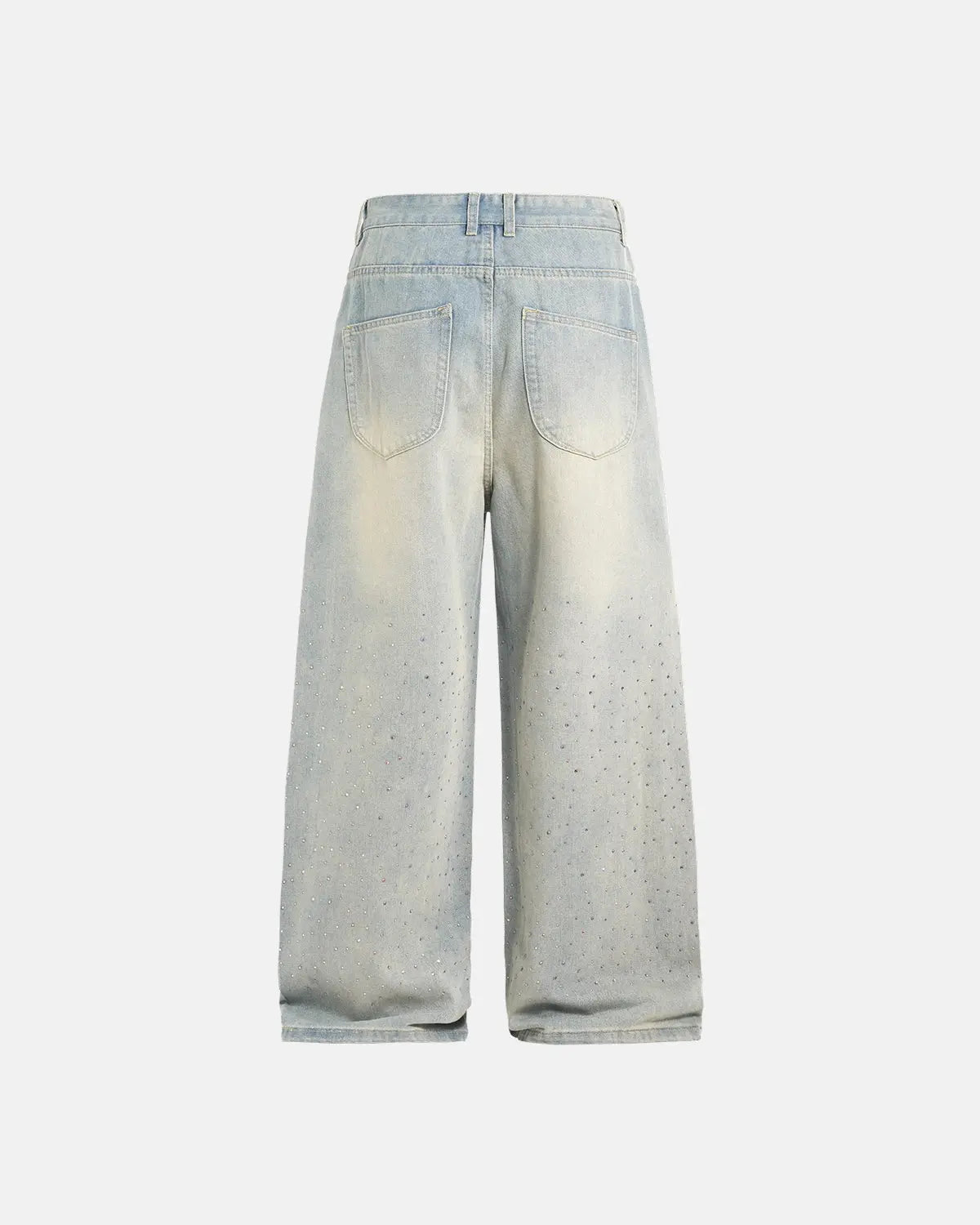 Washed rhinestone baggy jeans by INFLATION featuring a relaxed fit, distressed details, and rhinestone embellishments on denim pants.