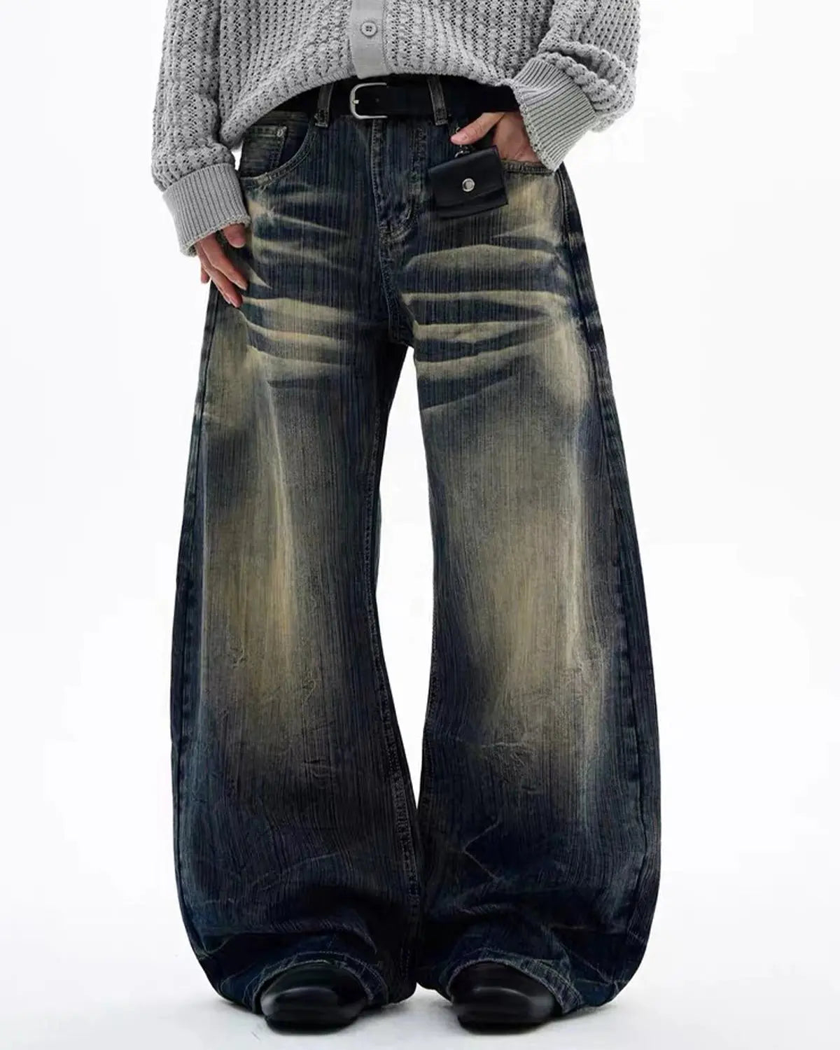 Bamboo weave Barrel Baggy Jeans by INFLATION featuring relaxed fit, stylish baggy design, and textured bamboo-inspired fabric.