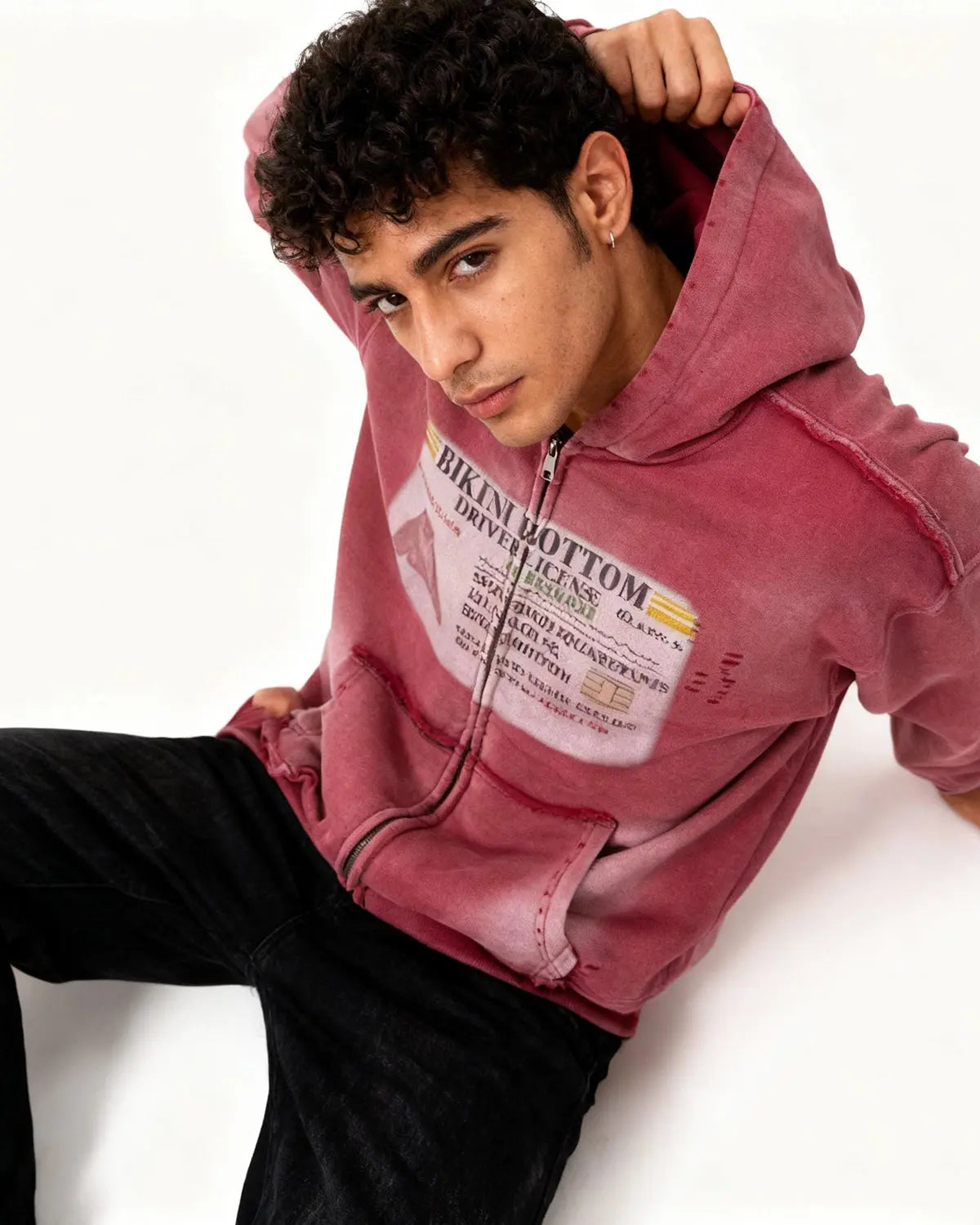 Inflation Streetwear graphic ripped washed zip-up hoodie with distressed details and casual style, displayed on a hanger.