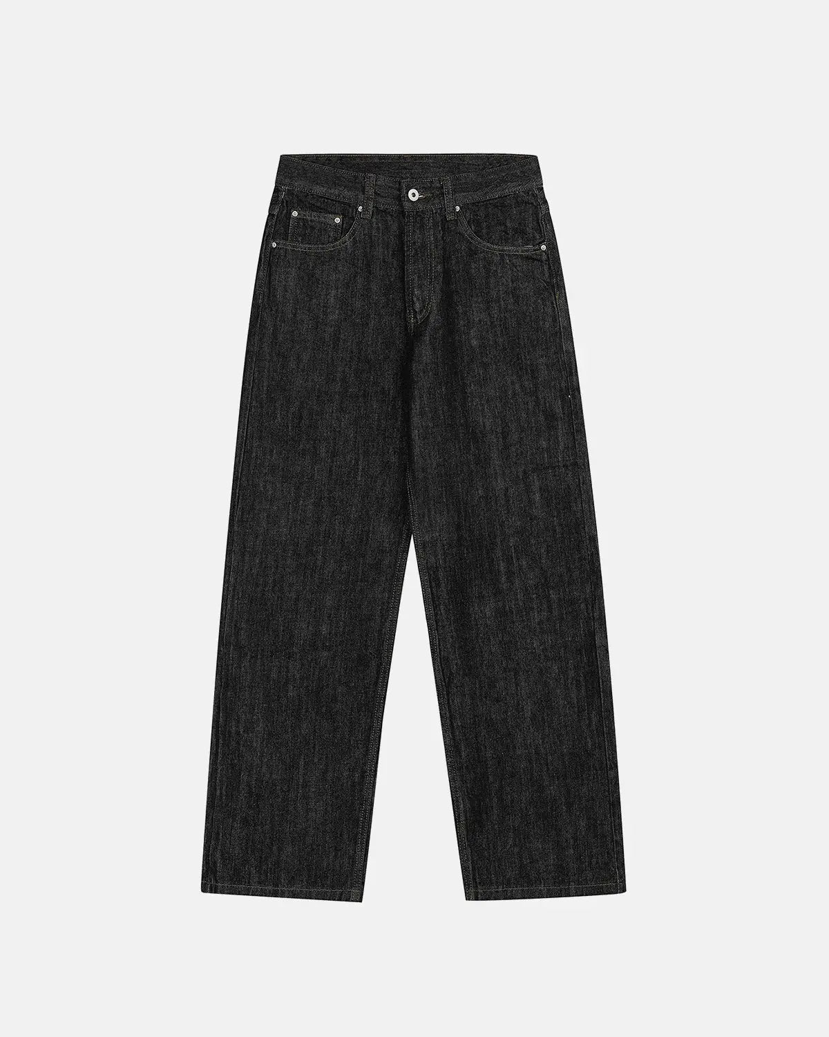 Raw straight-leg denim pants by INFLATION featuring classic fit and durable denim fabric, shown on a model.