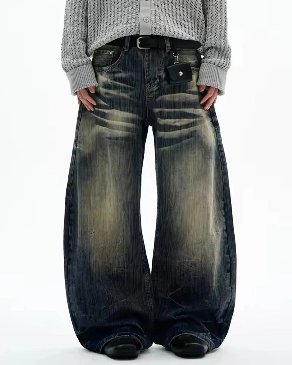 Inflation Bamboo Weave Barrel Baggy Jeans showing relaxed fit, bamboo-inspired weave fabric, and casual streetwear style.