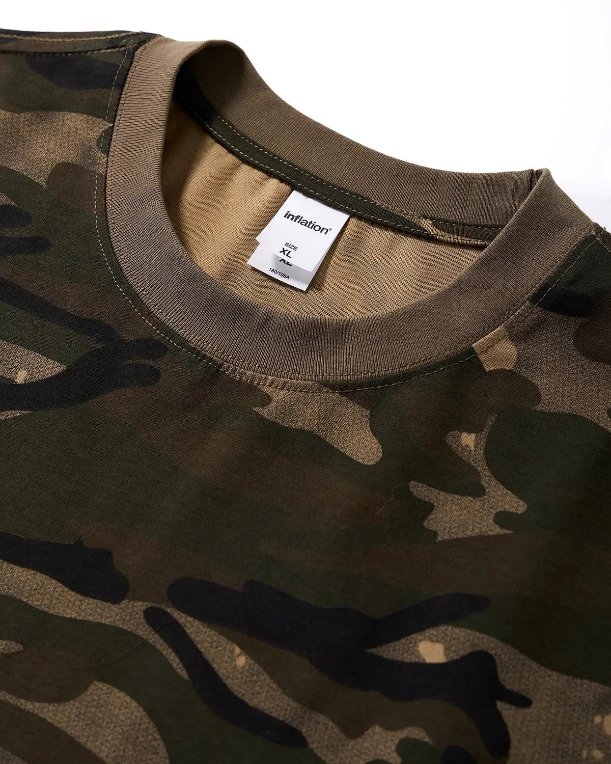 Inflation Streetwear boxy camo tee in khaki, casual short-sleeve shirt with a relaxed fit and camouflage pattern.