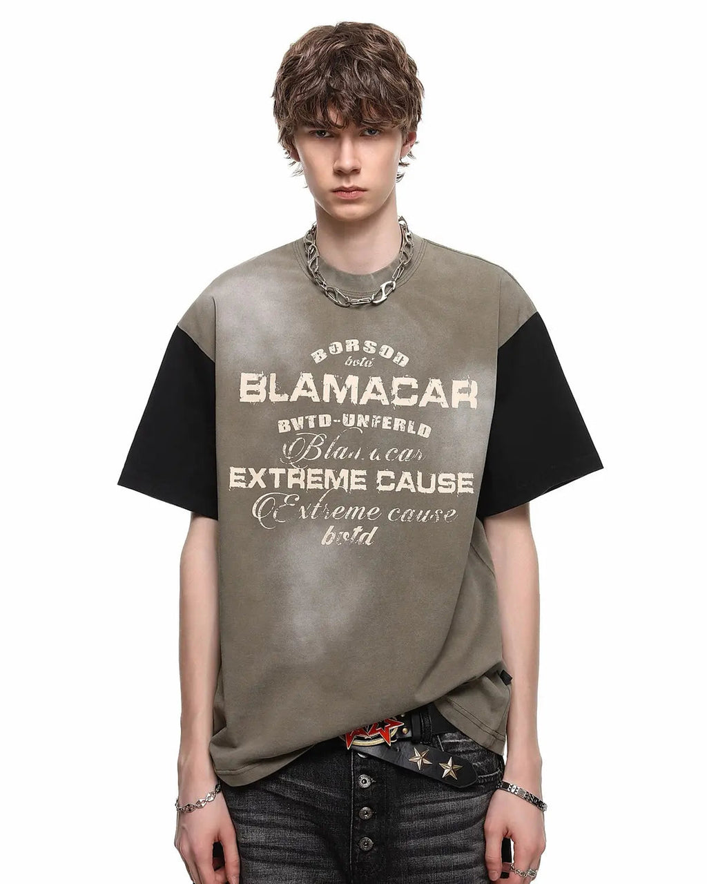 Inflation Streetwear patchwork washed graphic T-shirt featuring colorful patch designs and casual fit.